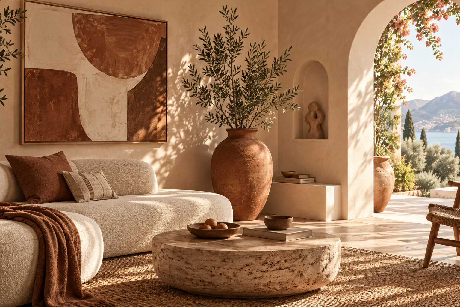 warm Mediterranean interior corner with abstract artwork, terracotta vase and sunlit arch, editorial room inspiration